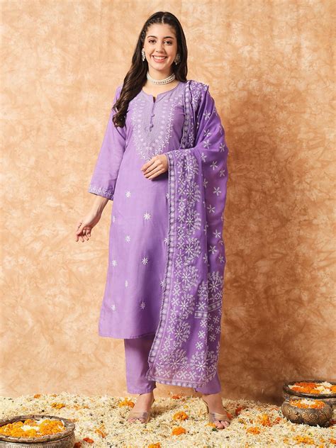 buy lavender cotton embroidered straight kurta  cotton pant