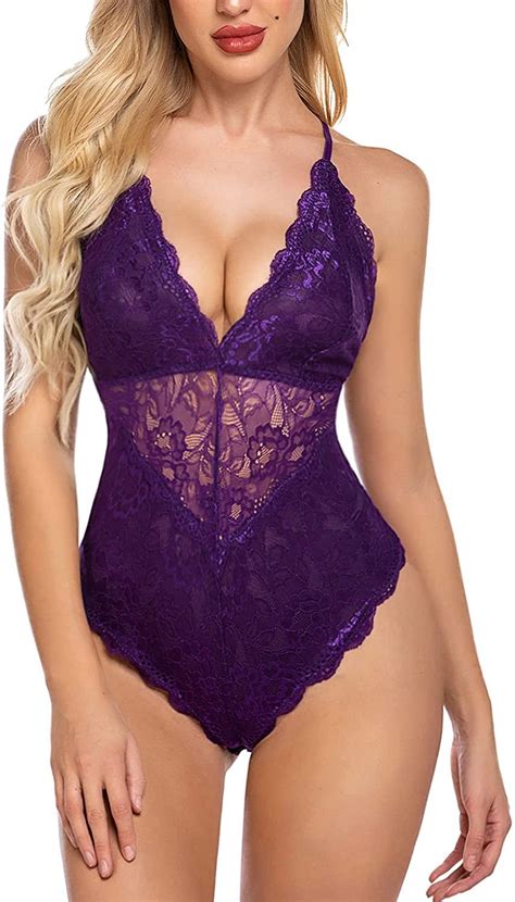 Avidlove Women Purple Lingerie Snap Crotch Lace Bodysuit One Piece Lace