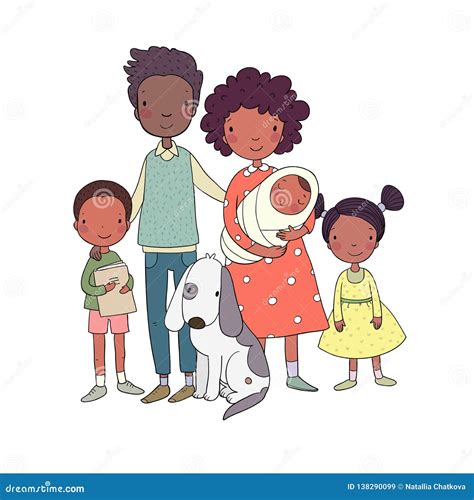 African American Happy Family. Parents And Children. Cute Cartoon Dad
