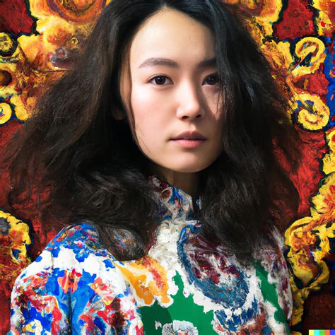 Women a brown curled hair in a Mongolian dress with intense eyes - 1