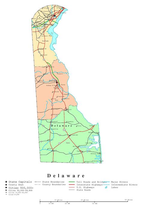 Large detailed administrative map of Delaware state with roads