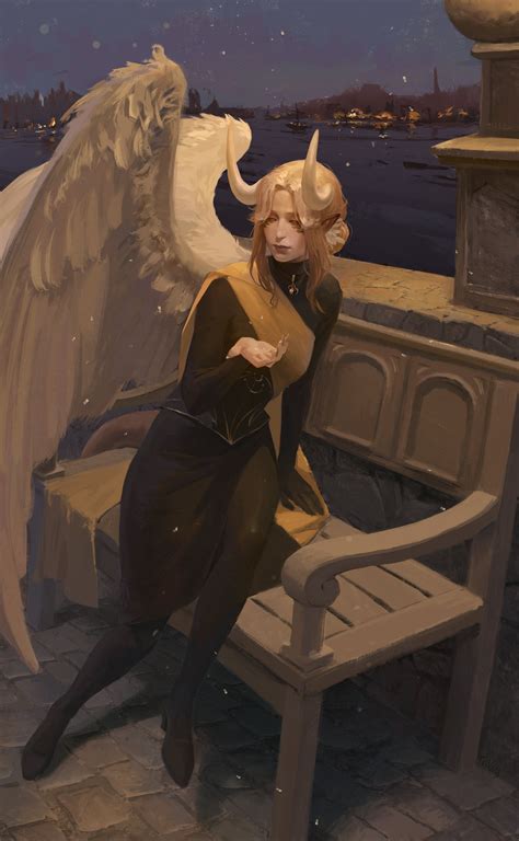 [Art] Gorgeous painting I commissioned of my winged tiefling : r/DnD
