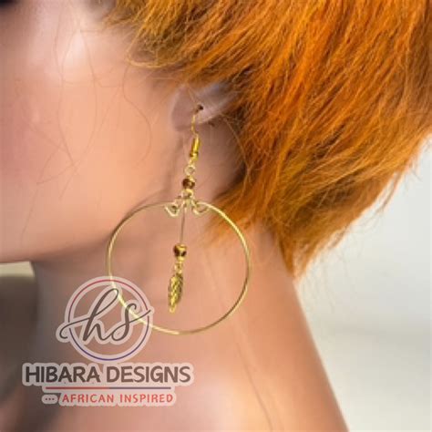 Brown Feather Dangling Hoop Earrings - Hibara Designs and Stores