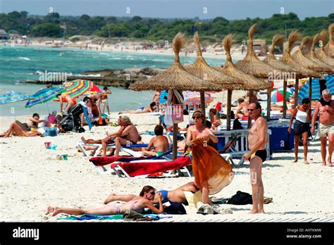 Es Trenc Beach in Mallorca in summertime with people, Mallorca, Balearic Islands, Spain, Europe ...