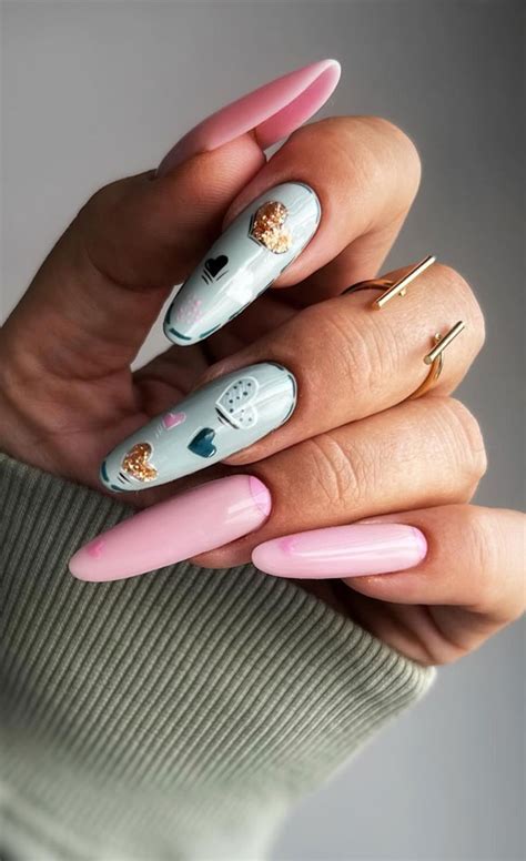 Captivating Valentine's Day Nail Designs : Green & Pink Almond Nails