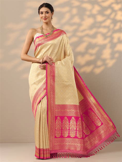 Buy Beige Woven Design Banarasi Silk Blend Saree With Unstitched Blouse