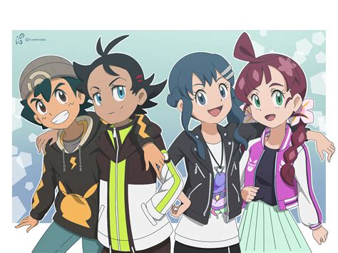 dawn, ash ketchum, goh, and chloe (pokemon and 3 more) drawn by
