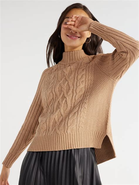 time  tru womens mock neck cable pullover sweater midweight sizes