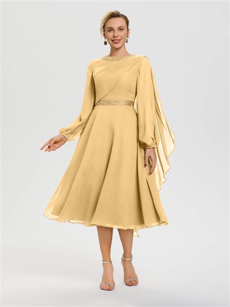 Mother Of Bride Gold Dress Elegant A-Line Beading Long Sleeves Tea-Len