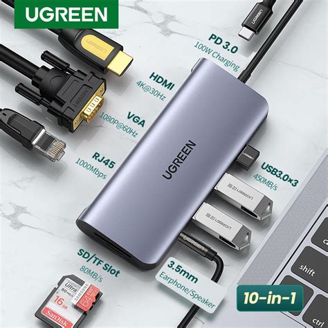 UGREEN USB C Hub 10 in 1 Type C Hub with Ethernet 4K USB C to HDMI VGA PD Power Delivery 3 USB 3 ...