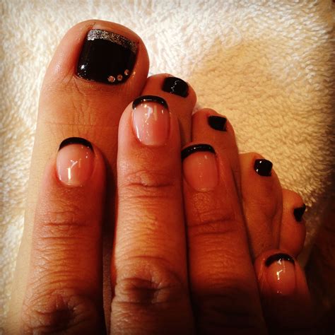 Black French Tip/ Black toenails, Silver French Tip & a lil rhinestone