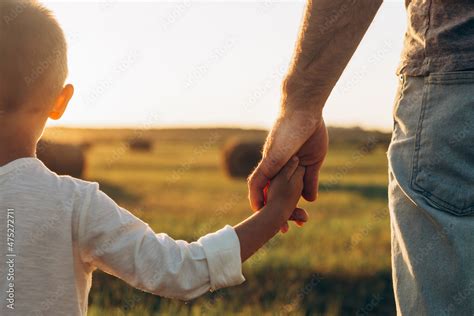foto stock fathers   son holding hands  sunset field dad
