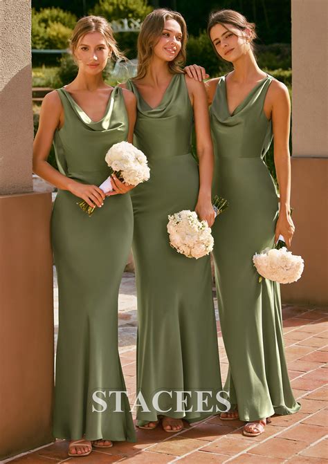Sheath Stretch Satin Cowl Neck Backless Maxi Bridesmaid Dress with Slit