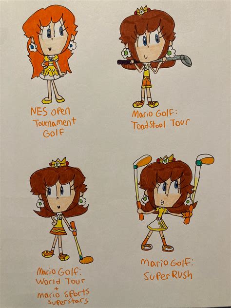 Daisy's golf outfits throughout the years by RegularMarioGalaxy12 on DeviantArt