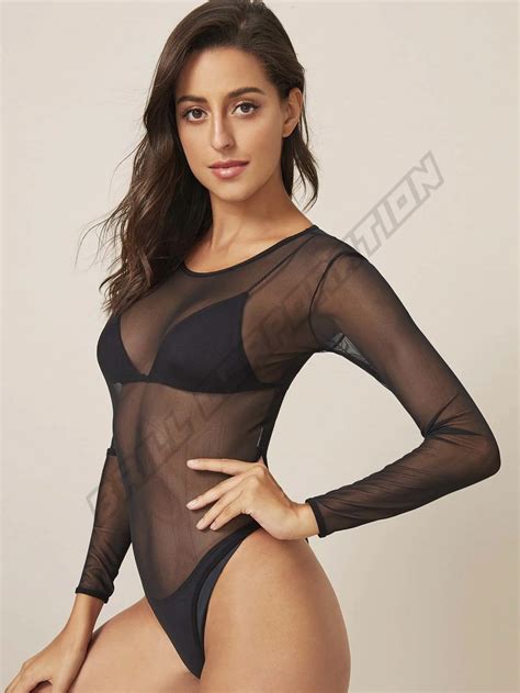 Women's Sexy Sheer Mesh Long Sleeve Bodysuit See Through Fabric/ Women