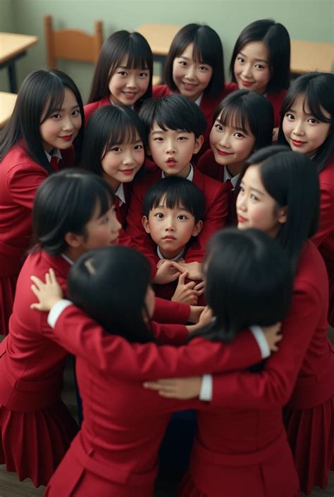 17 realistic Asian 1 girls in realistic red uniforms in classroom