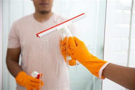 Man Wipe Mirror Using Cleaning Tool Stock Photo - Image of domestic ...