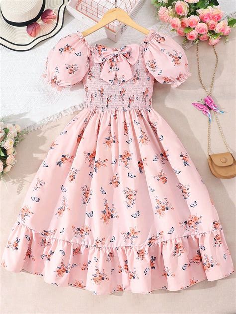 Teenage Girl Floral Print Round Neck Short Sleeve Dress in 2025 | Kids
