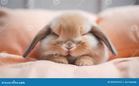 Cute Little Bunny Sleeping On The Bed. Lop-eared Rabbit. Stock Photo ...