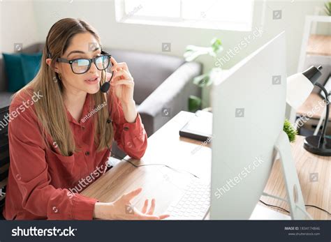 Portrait Beautiful Female Interpreter Doing Online Stock Photo ...