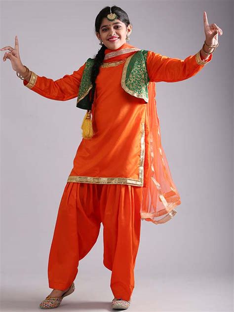 girls punjabi bhangra gidda dance orange costume salwar kurta