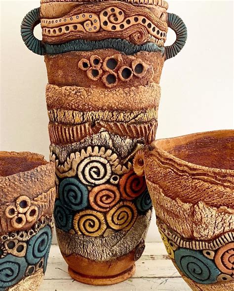 layered textured clay pots  jena bedson ceramics