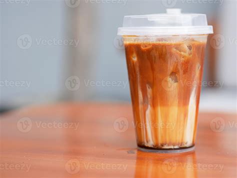 fresh brown sugar coffee drink in a transparent plastic cup 15226931