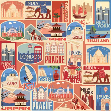 Set of retro travel stickers. Countries of Asia, Europe, America and ...