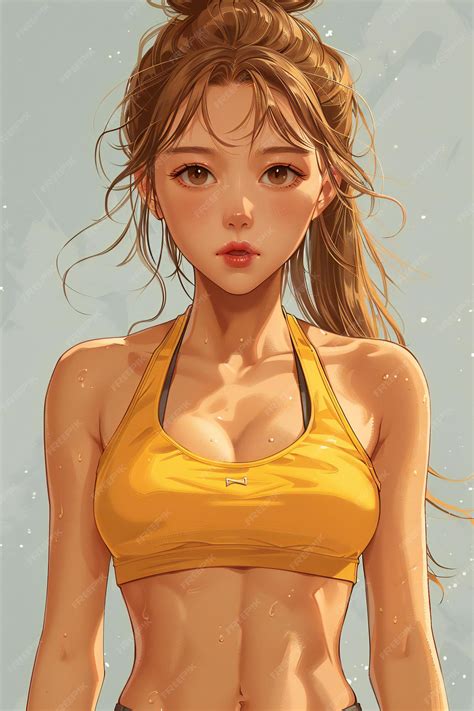 A cute character girl with a protruding lower abdomen is exercising to