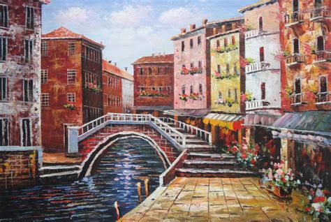 Venice Canal Bridge With Pretty Flowers Oil Painting Italy Naturalism ...