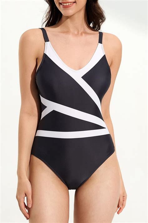 Black White V Neck Spaghetti Strap Adjustable Straps One Piece Swimsuit ...