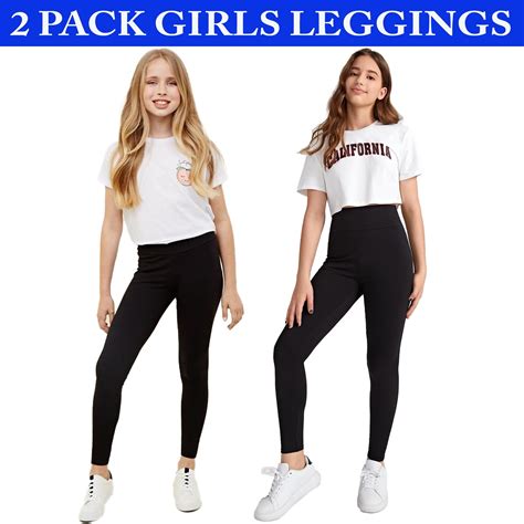 2 Pack Girls Black Leggings Kids Childrens School Cotton Full Length