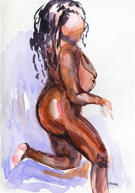 Painting WATERCOLOR ORIGINAL Art Black Woman African Nude Naked Artwork