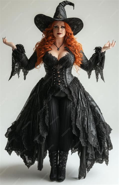 A stunning red haired curvy woman in a black leather and lace witch
