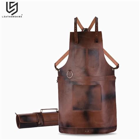 chef cognac brown leather apron  roll gift set leathershire