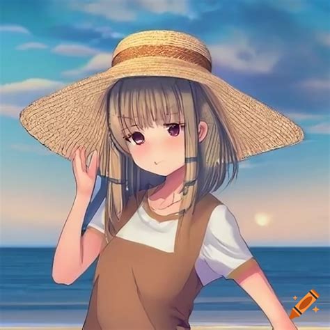 Anime girl in a sun hat at the beach on Craiyon