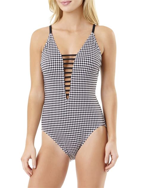 Women's Gingham Strappy V-Neck One-Piece Swimsuit - Walmart.com
