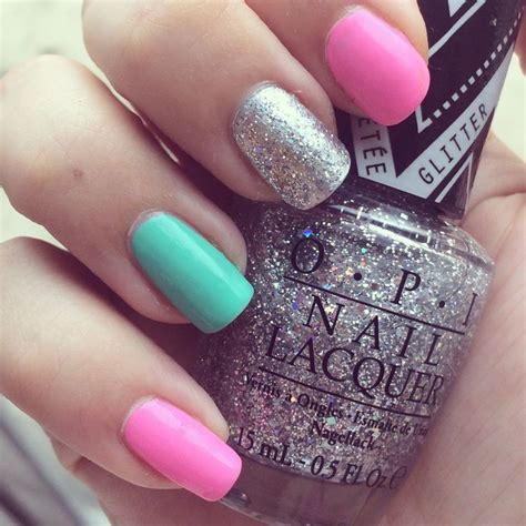 Mix and match nails / mani in pink, turquoise and silver glitter using ...