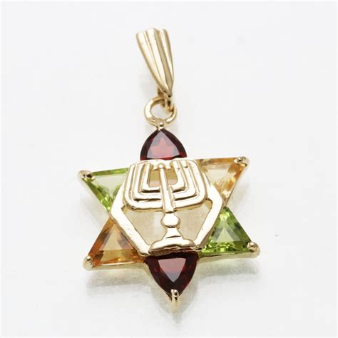 14k Yellow Gold Citrine Peridot Garnet Star of David Menorah Pendant