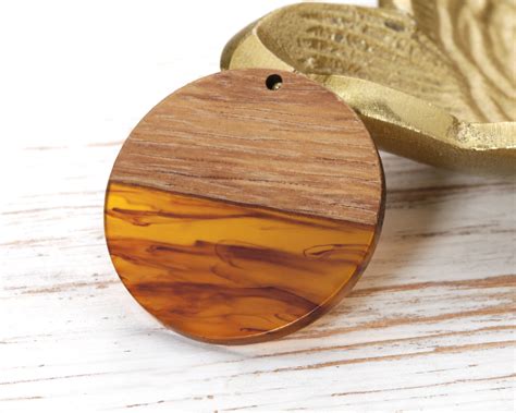 Walnut Wood & Tortoise Shell Swirl Resin Coin Focal 38mm