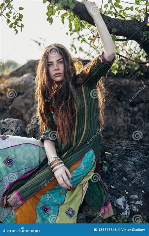 Pretty Hippie Girl Portrait on Nature Stock Photo - Image of fashion ...