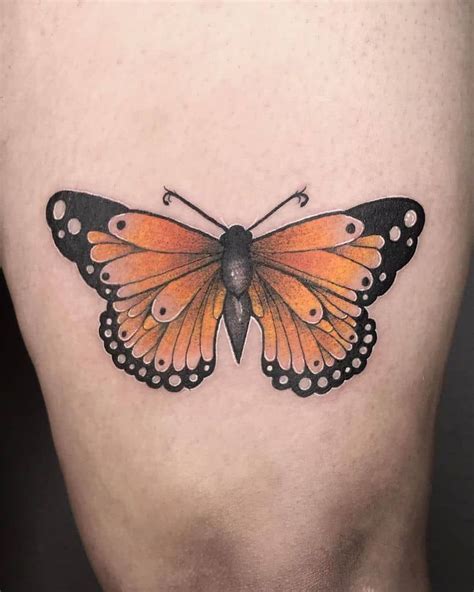 medium-sized color tattoo on woman's thigh of orange realistic butterfly Tiger Butterfly Tattoo ...