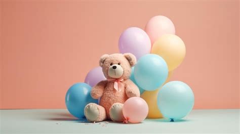 Premium AI Image | A teddy bear sits among balloons with a pink bow.