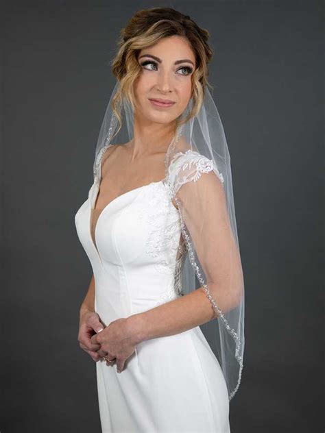 Silver Beaded Edge Fingertip Length Wedding Veil in Ivory