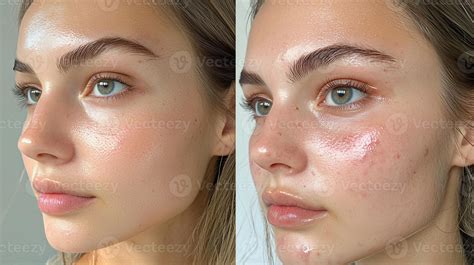 Close-up of a young woman's face showing before and after acne