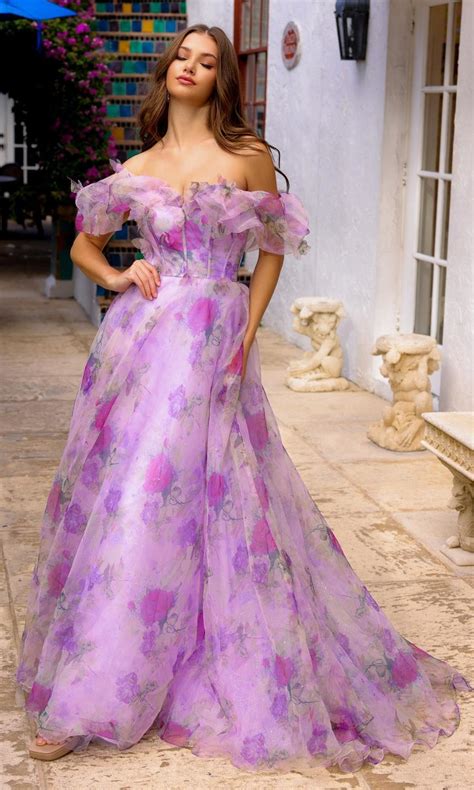shoulder long purple floral print prom dress