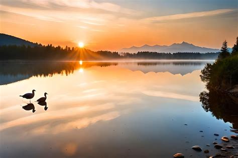 Premium Photo | A duck sits on a lake at sunset.