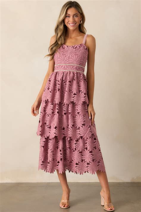 Dusty Pink Floral Embroidered Midi Dress - All Dresses | Red Dress