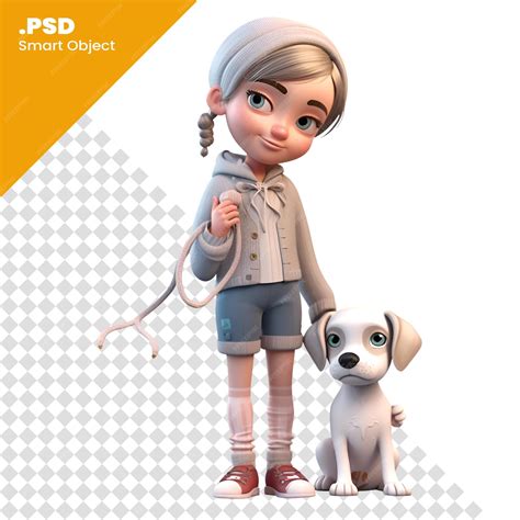 Premium PSD | 3d render of a toon girl with a dog isolated on white