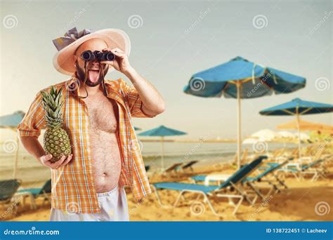 Funny Fat Bearded Man with Binoculars on Vacation in the Beach in ...